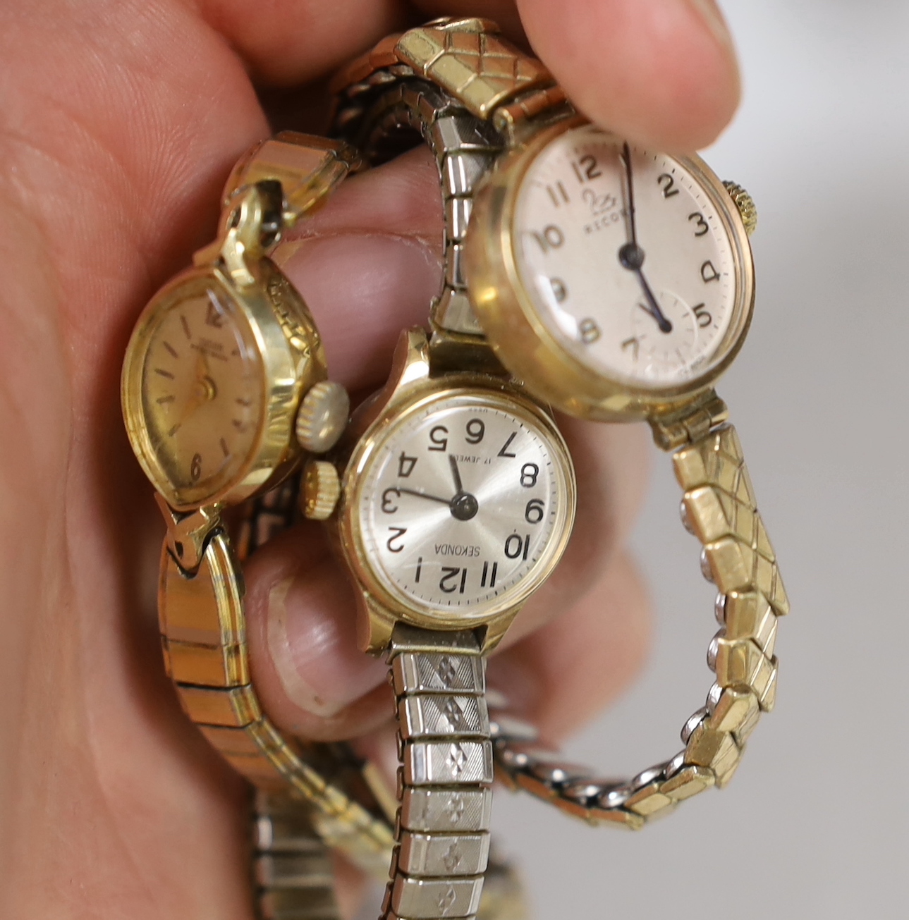 Seventeen assorted lady's or gentleman's wrist watches including a silver manual wind Omega, circa 1917 and a stainless steel Tudor, together with a pedometer?